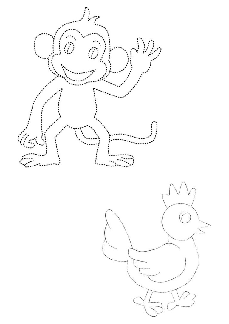 Pontilhado para cobrir: macaco e galinha