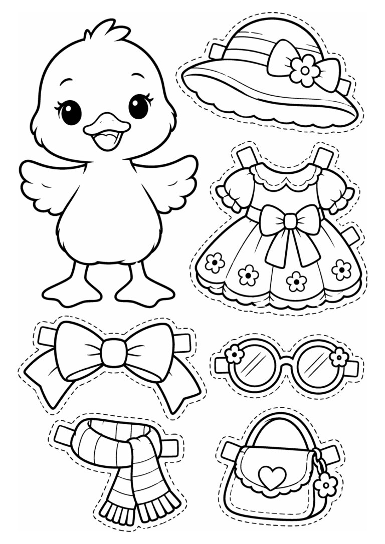Paper duck com vestido, laço, chapéu, óculos, cachecol e bolsinha