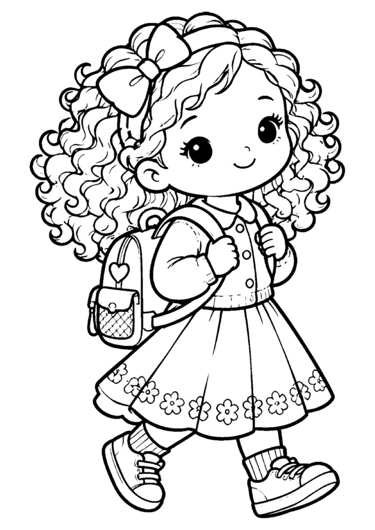 Boneca de cabelo cacheado indo para a escola