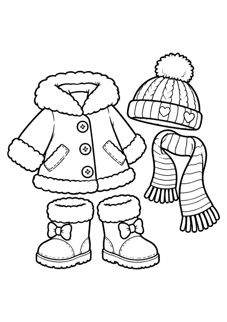 Casaco de inverno, gorro, cachecol e botas