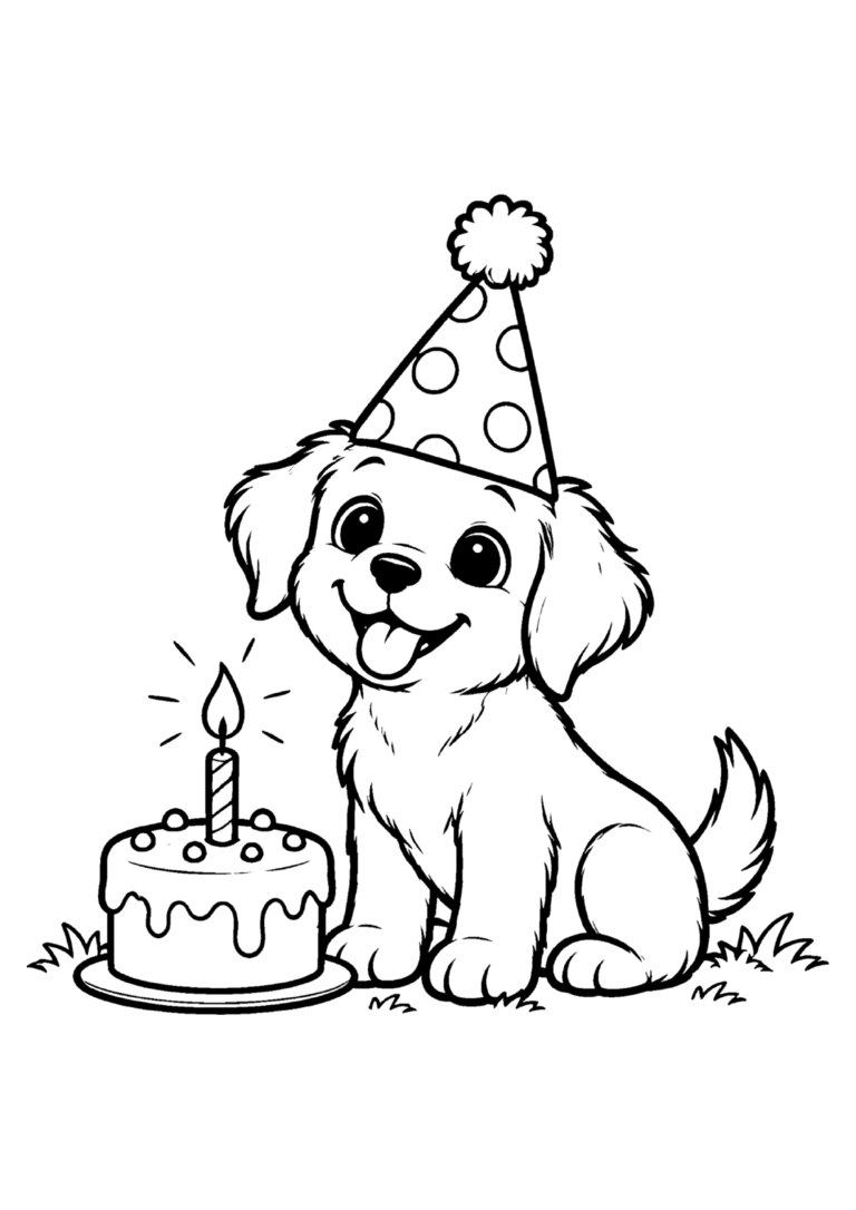 Filhote de chapéu de festa com o bolo de aniversário