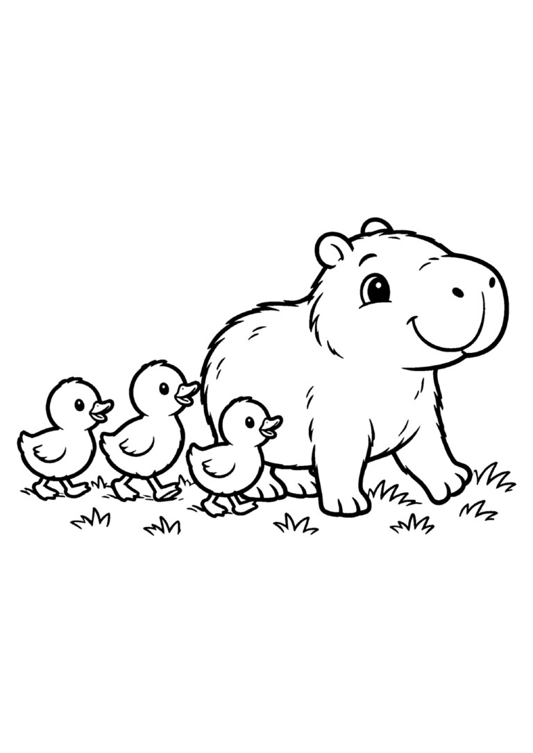 Capivara passeando com três patinhos em fila