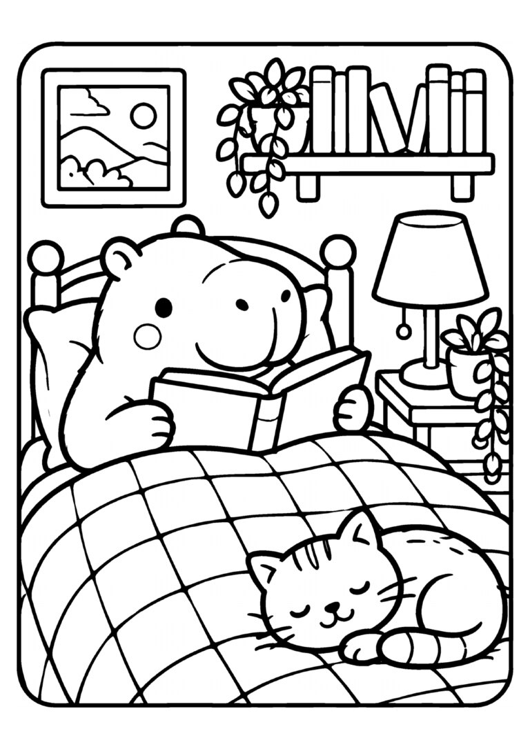 Capivara lendo um livro na cama, com um gatinho dormindo
