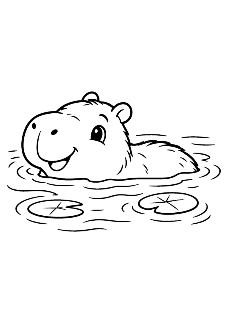 Capivara nadando no lago entre folhas boiando