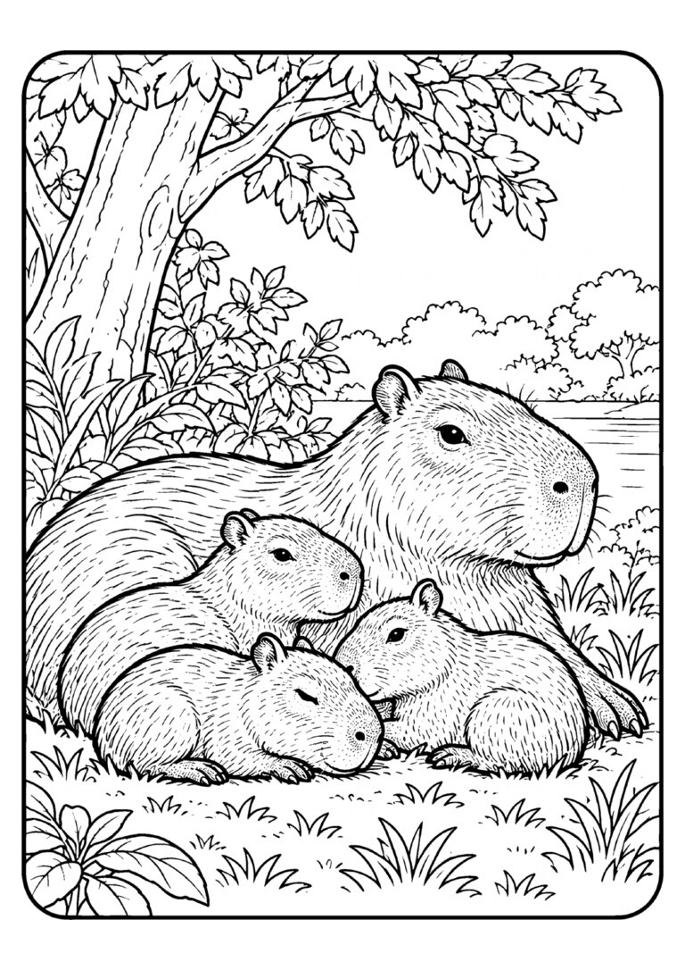 Capivara mãe deitada com três filhotes debaixo da árvore