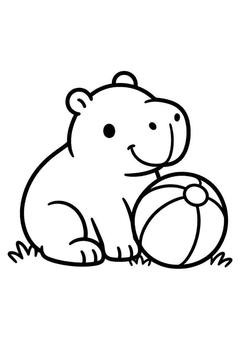 Capivara simples sentada ao lado de uma bola