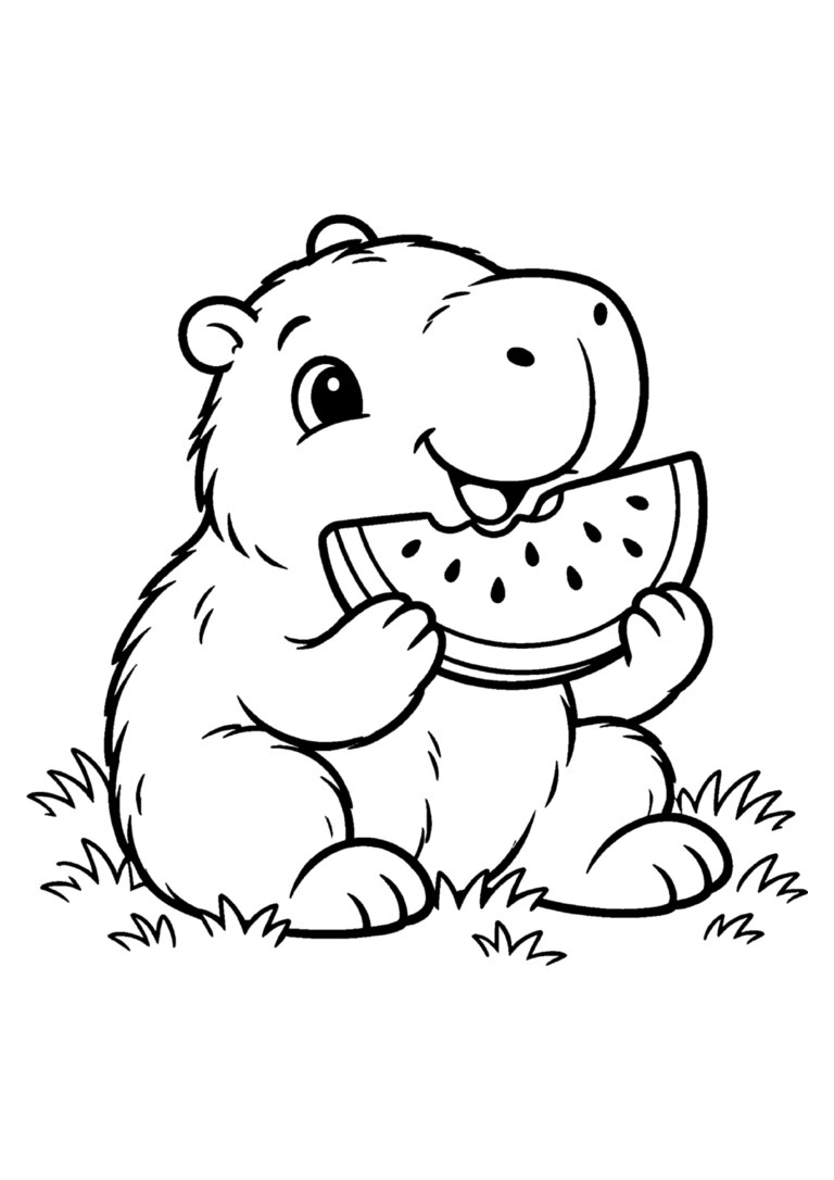 Capivara sentada comendo uma fatia de melancia