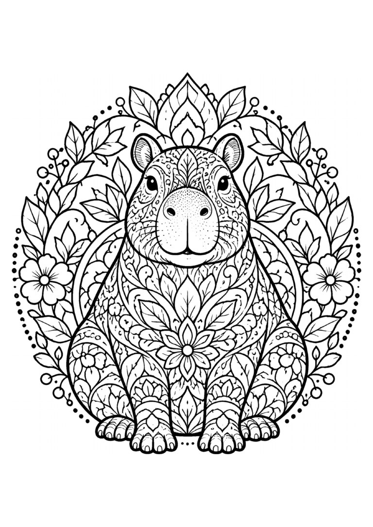 Capivara sentada dentro de uma mandala de flores