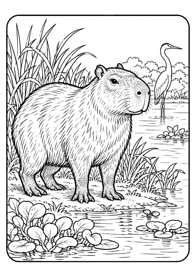Capivara de verdade na beira do rio, com uma garça ao fundo