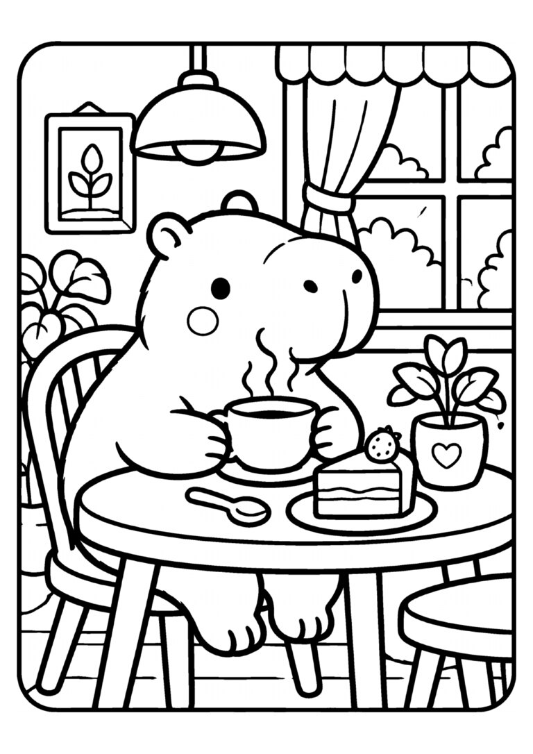 Capivara tomando café com bolo na cafeteria