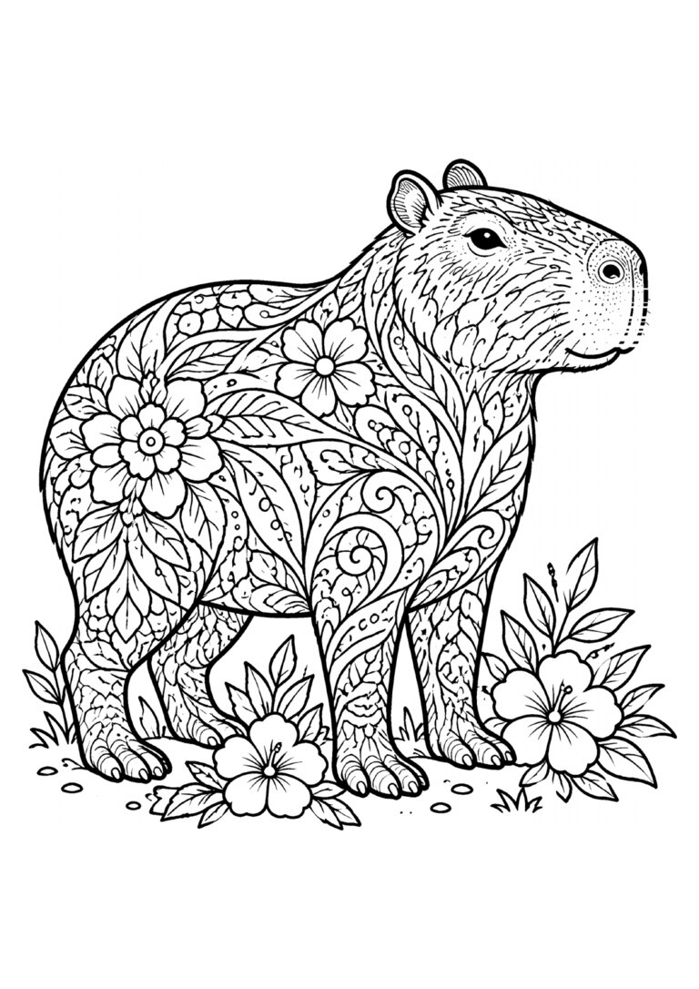 Capivara mandala de perfil, cheia de flores e folhas