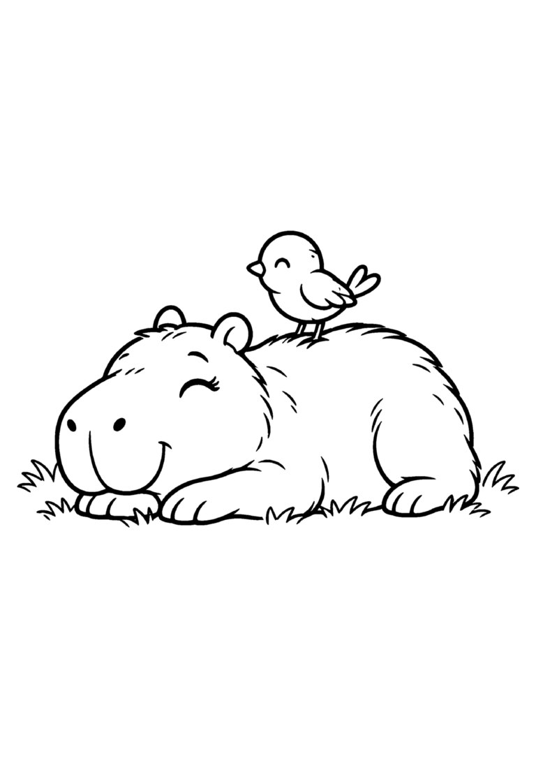 Capivara deitada com um passarinho nas costas