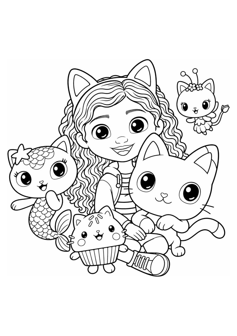 Gabby com MerCat, Pandy Paws, Cakey e Kitty Fairy