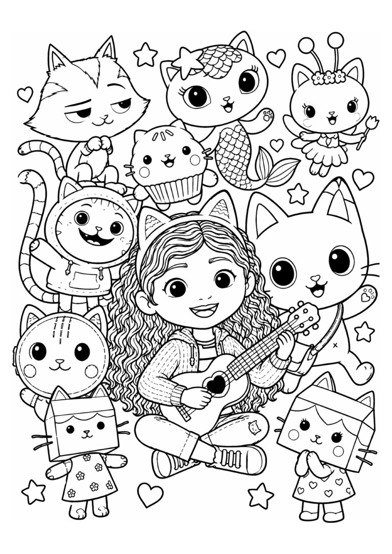 Gabby tocando ukulele com toda a turma de gatinhos