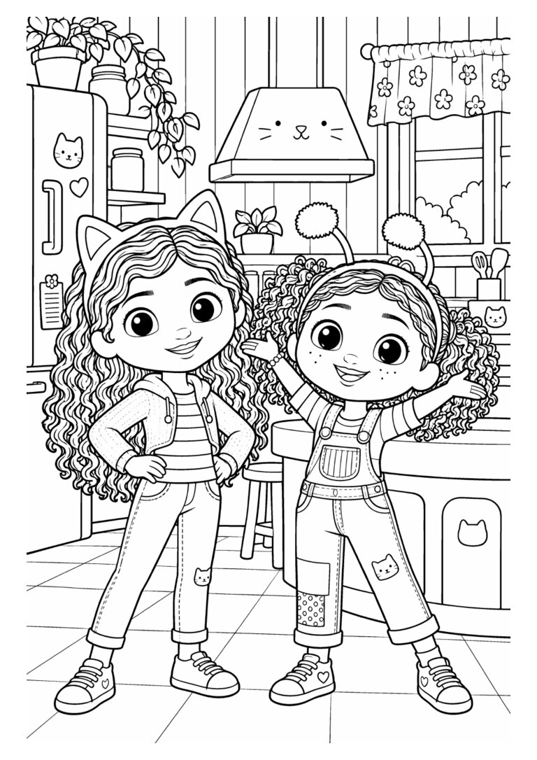 Gabby e uma amiga na cozinha da casa de bonecas
