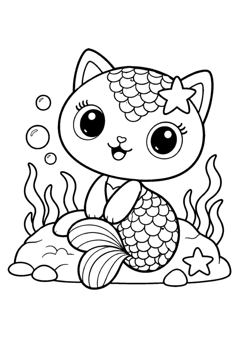 MerCat, a gata sereia, sentada numa pedrinha no mar