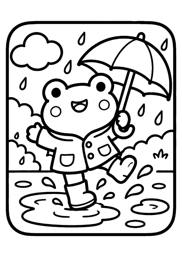 Sapinho de capa pulando poças na chuva