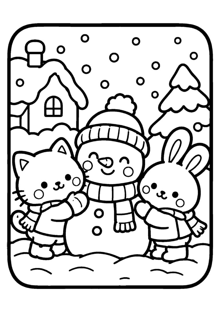 Gatinho e coelhinho fazendo boneco de neve