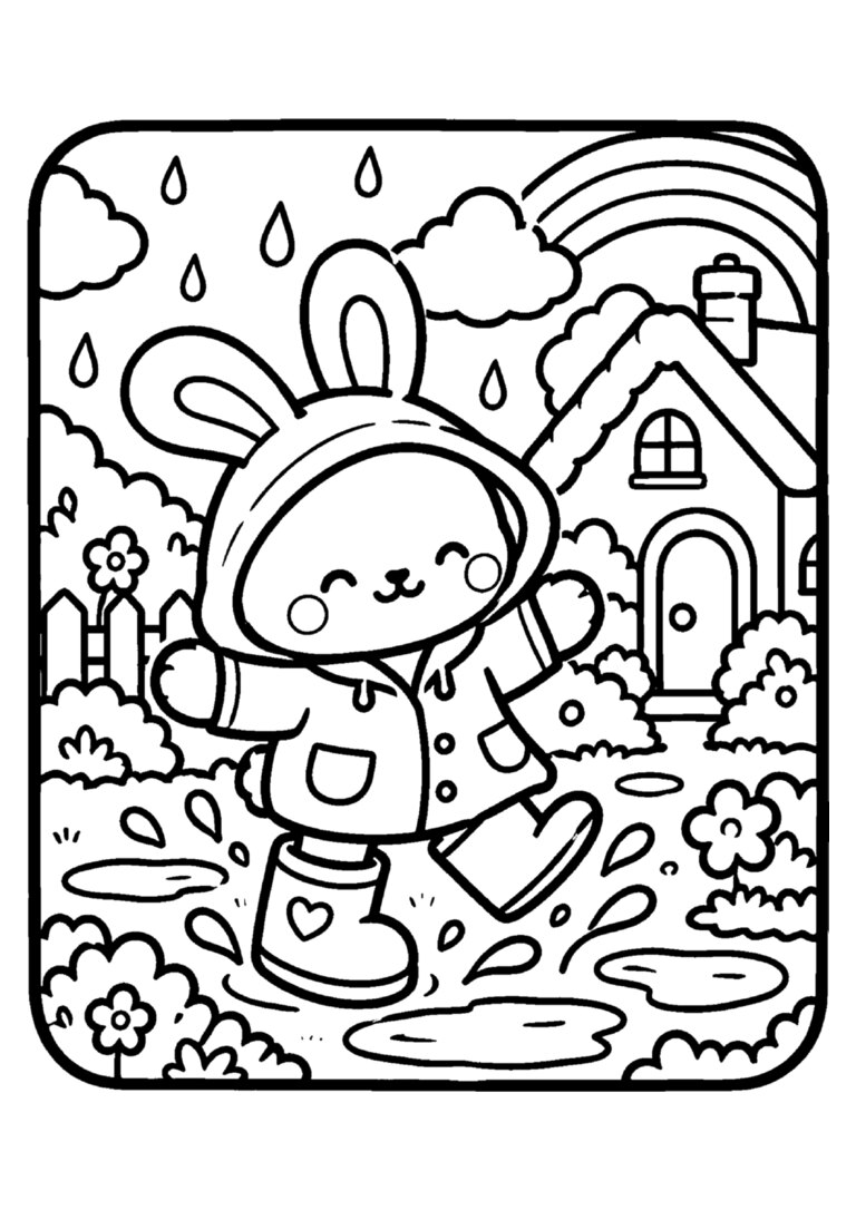 Coelhinho de capa de chuva e arco-íris