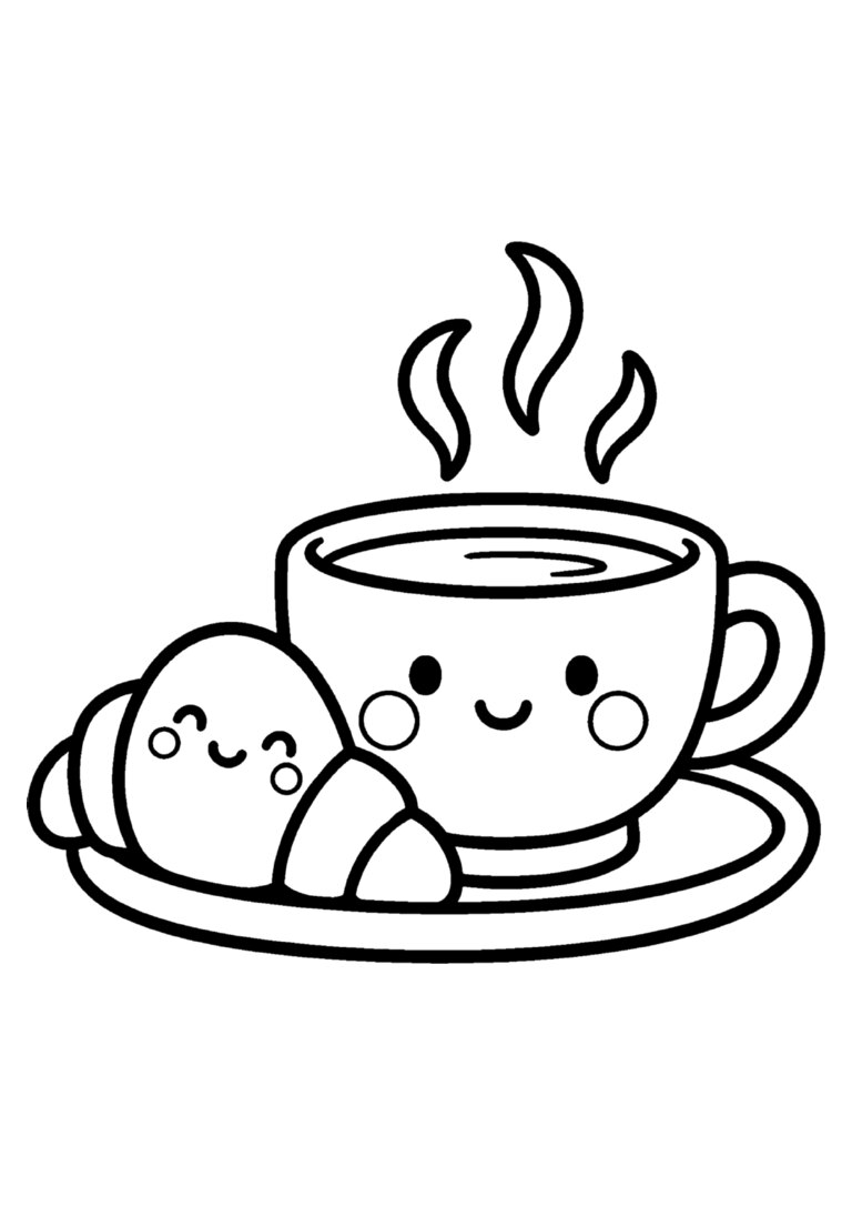 Xícara de café e croissant sorridentes