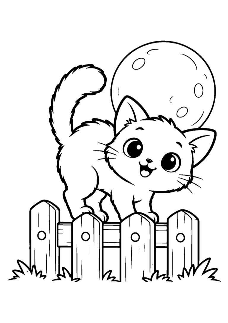Gatinho de costas arqueadas na cerca com a lua