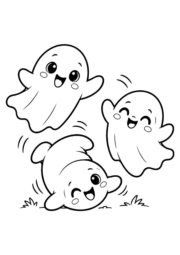 Três fantasminhas brincando, um dando cambalhota