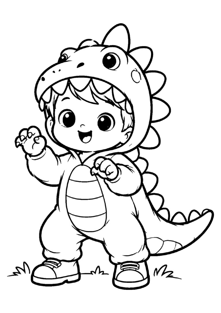 Menino com fantasia de dinossauro