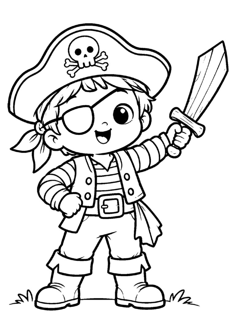 Menino fantasiado de pirata com espada de madeira