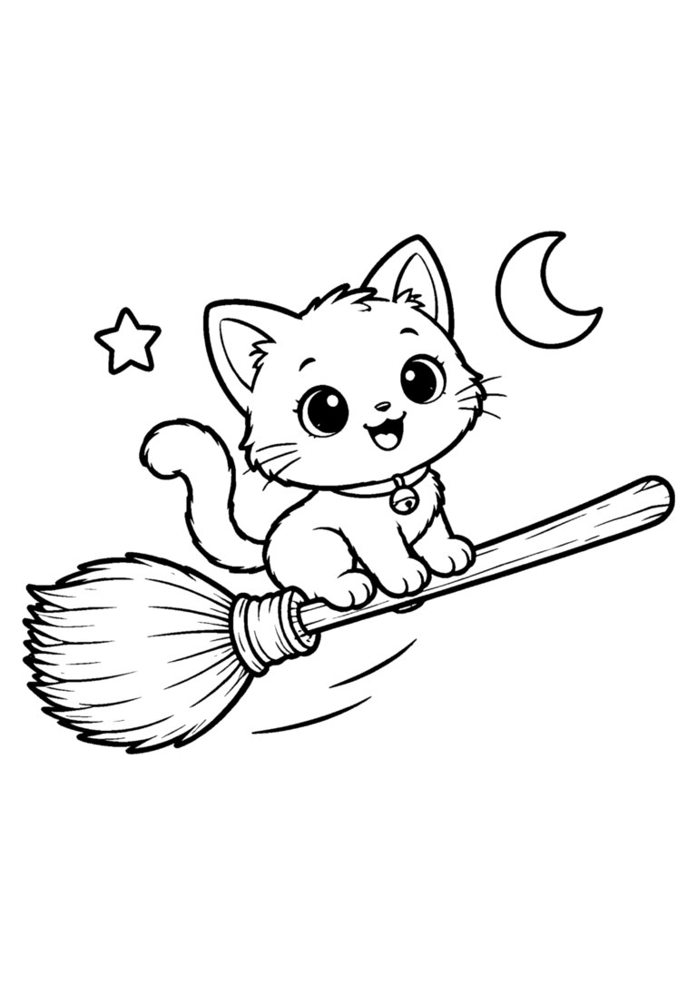 Gatinho voando na vassoura