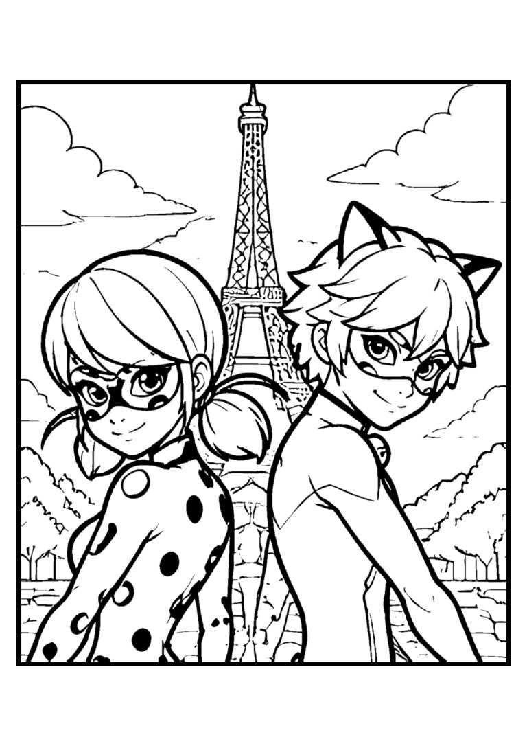 Ladybug e Cat Noir na frente da Torre Eiffel