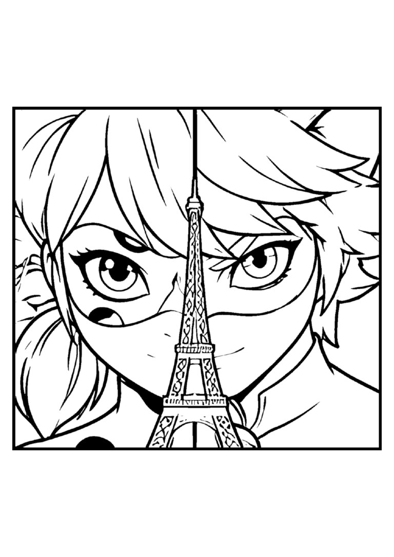 Ladybug e Cat Noir com a Torre Eiffel no meio