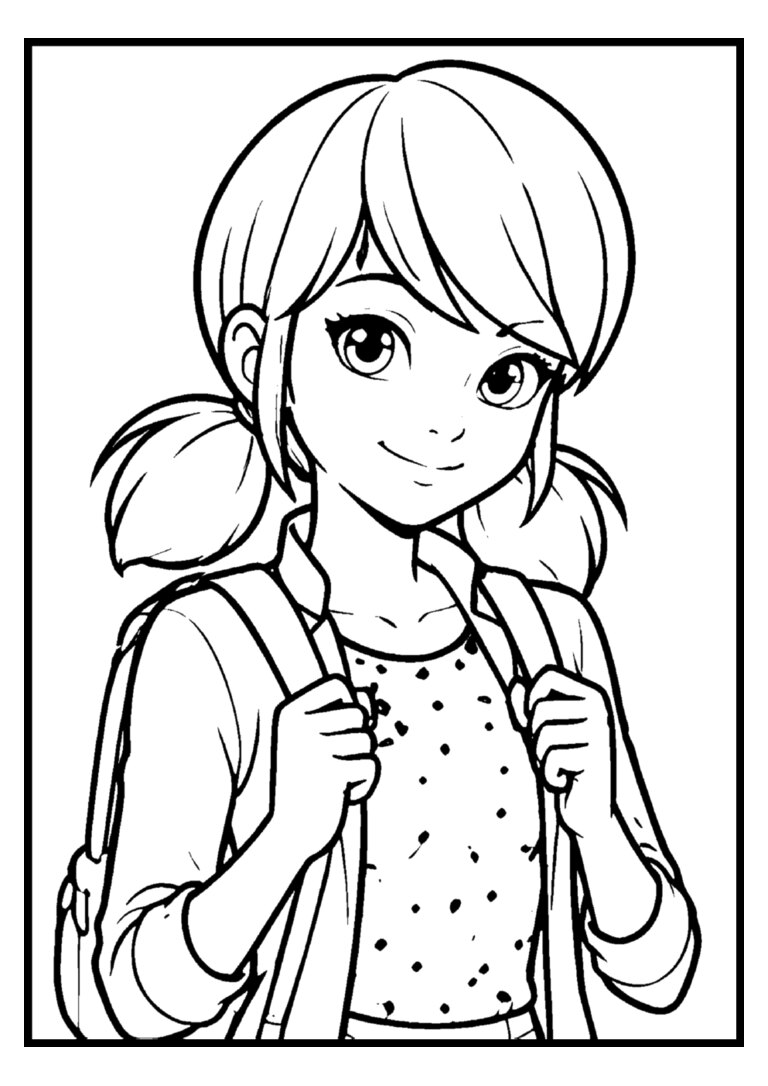 Marinette sorrindo com a mochila nas costas