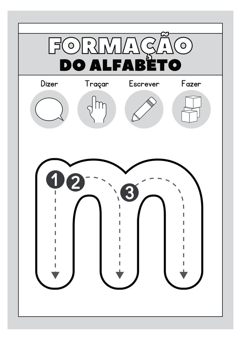 Letra m minúscula para colorir e traçar com setas