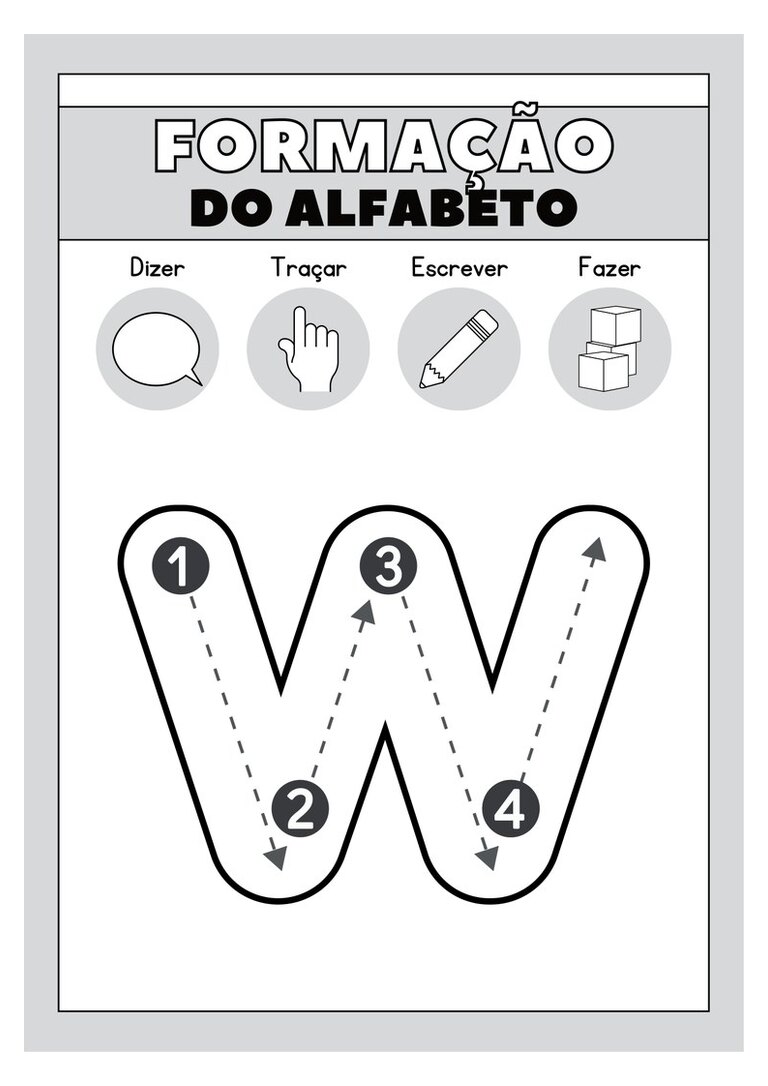 Letra w minúscula para colorir e traçar com setas
