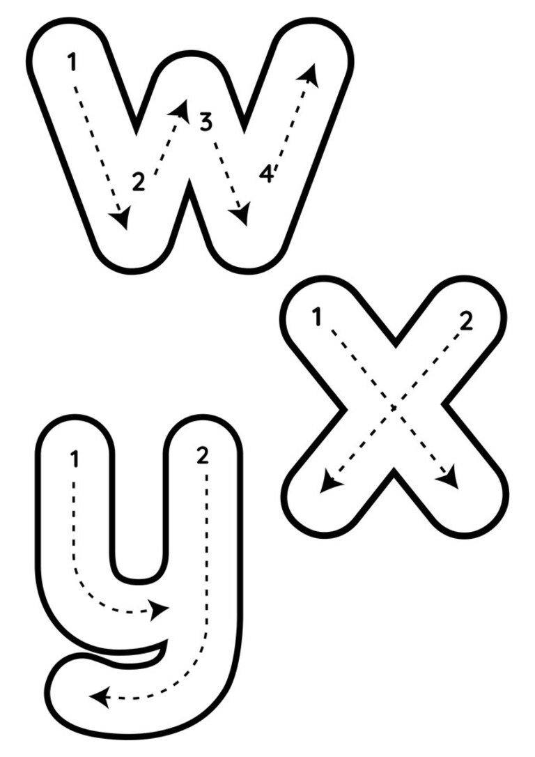 Letras w, x e y minúsculas para traçar