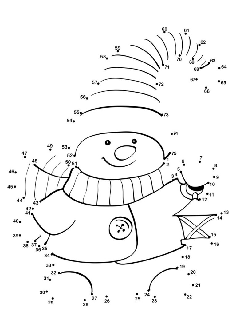 Ligue os pontos: boneco de neve de gorro e cachecol