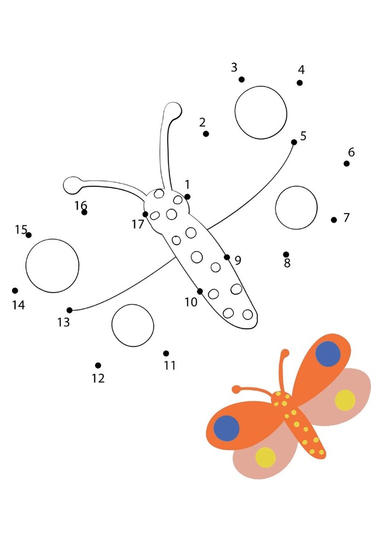 Ligue os pontos: borboleta com o modelo colorido