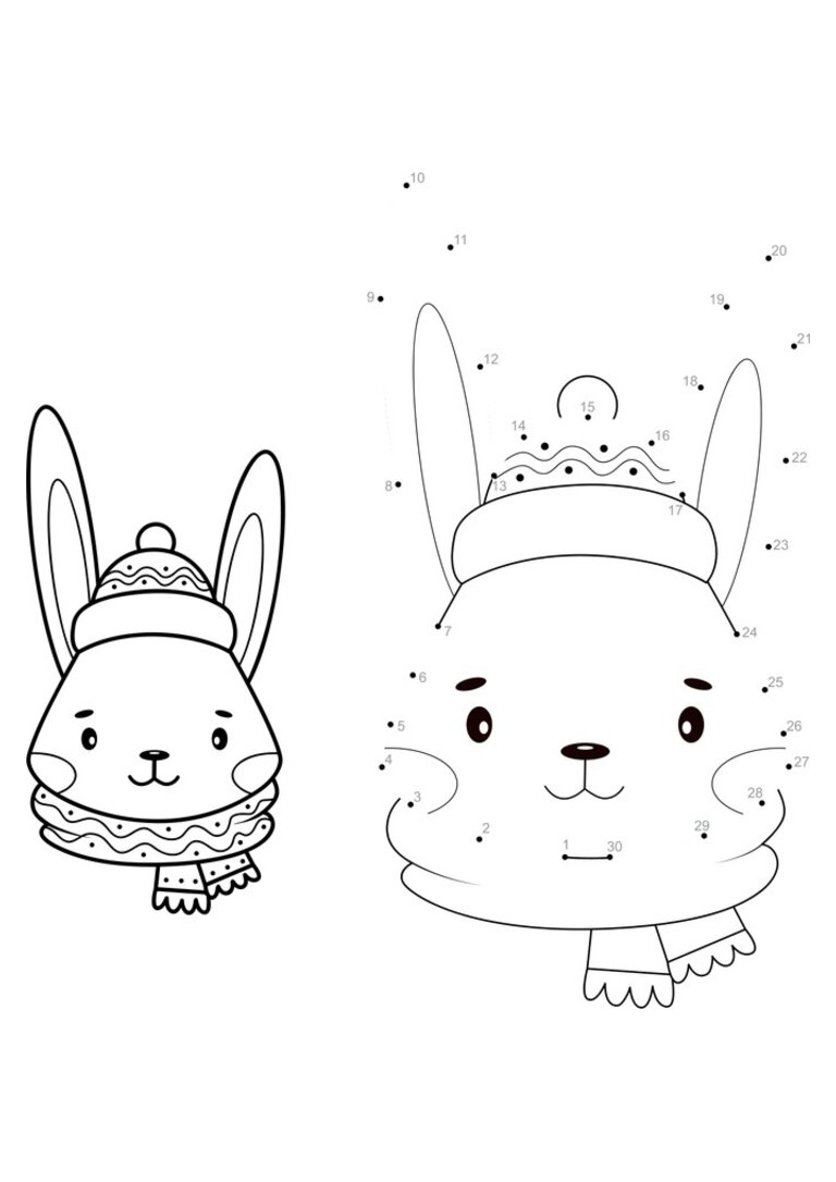 Ligue os pontos: coelho de gorro e cachecol