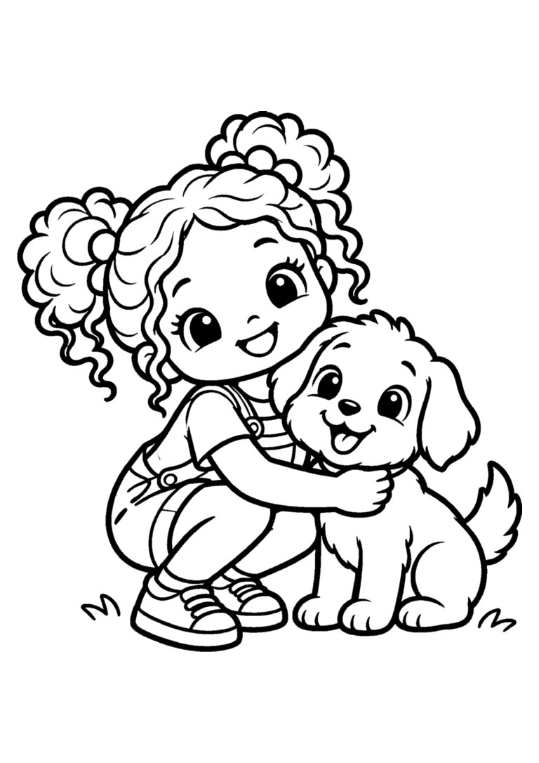 Menina de coquinhos cacheados abraçando um cachorrinho