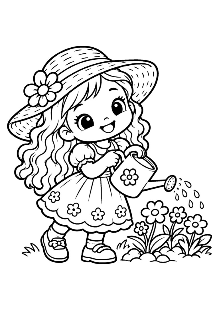 Menina de chapéu de palha regando as flores