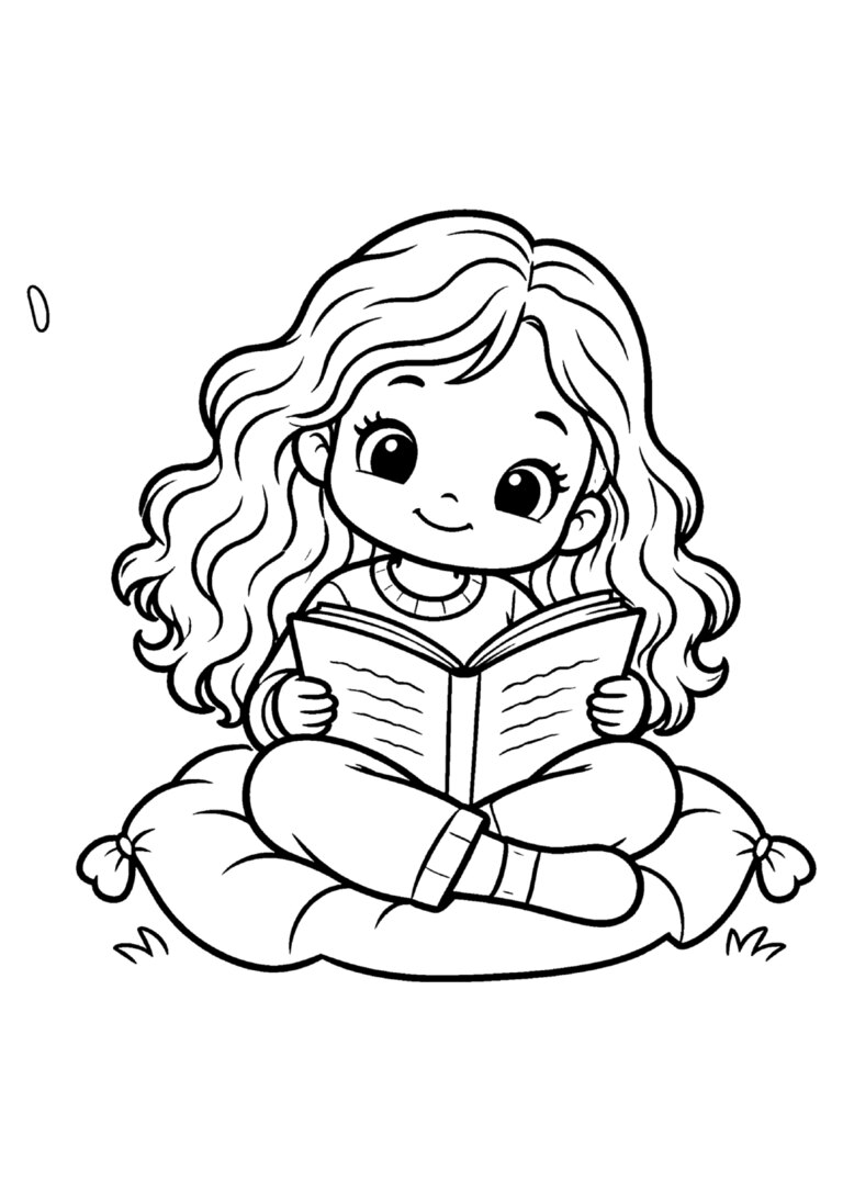 Menina sentada na almofada lendo um livro