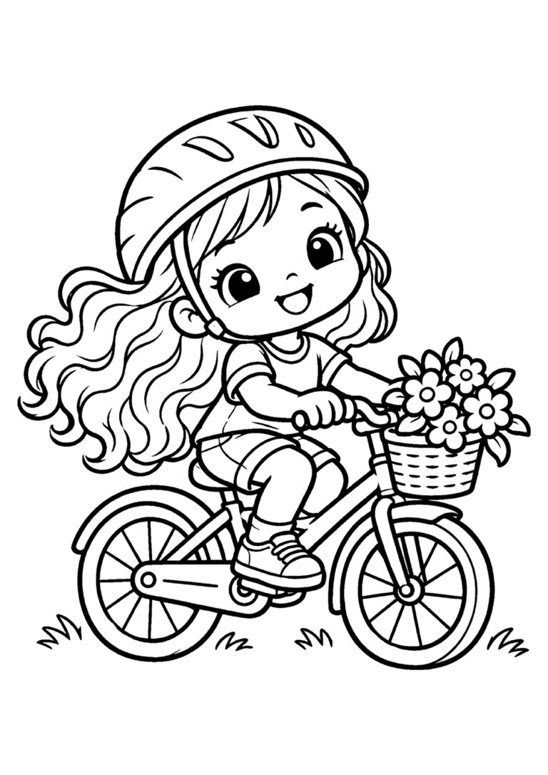 Menina de capacete andando de bicicleta com cestinha