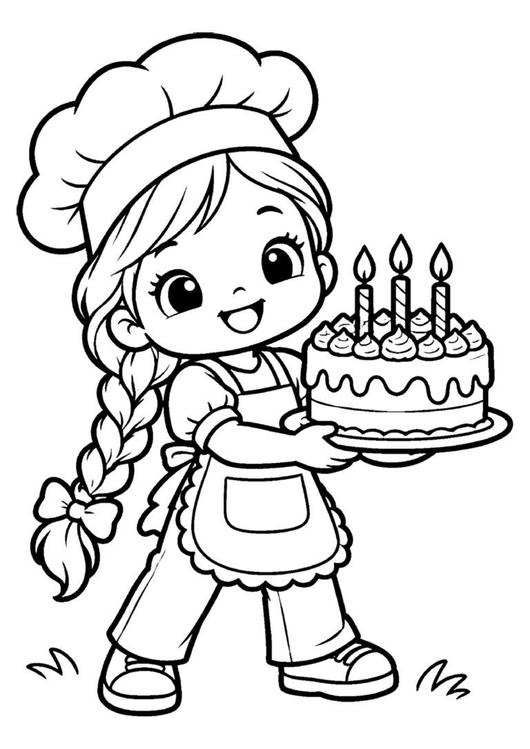 Menina cozinheira com bolo de aniversário