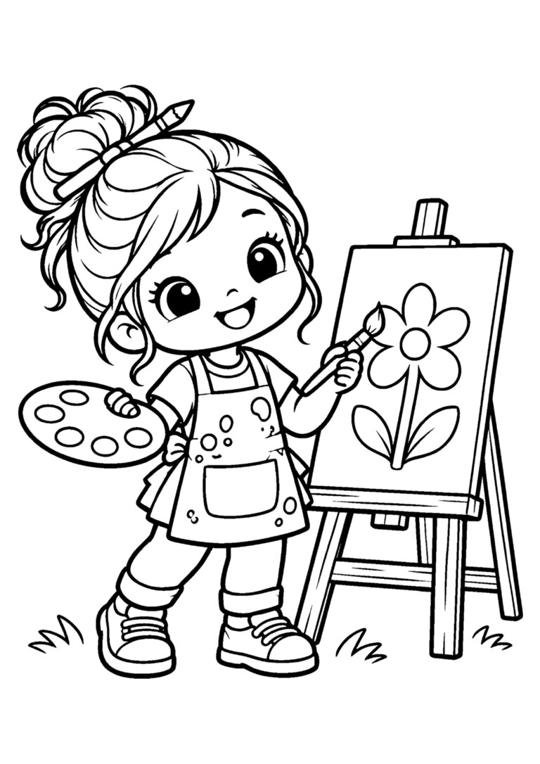 Menina pintando um quadro no cavalete