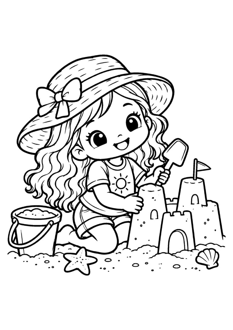 Menina fazendo castelo de areia na praia