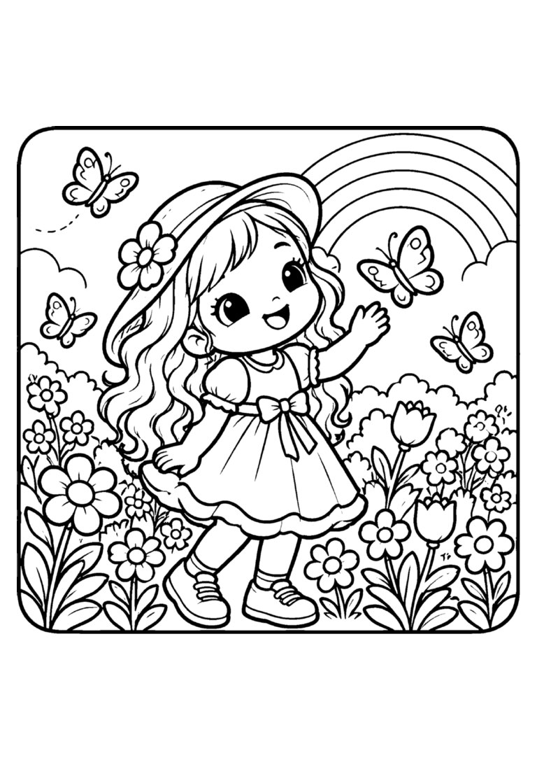 Menina no jardim com borboletas e arco-íris