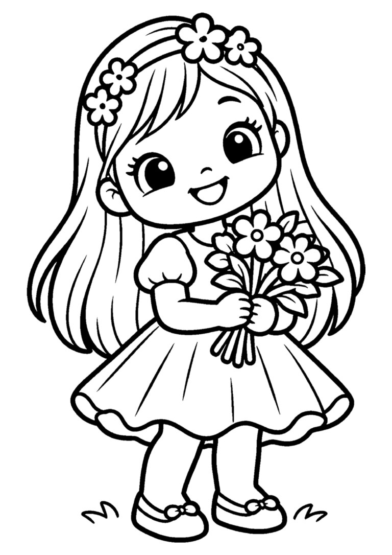 Menina com tiara de flores segurando um buquê