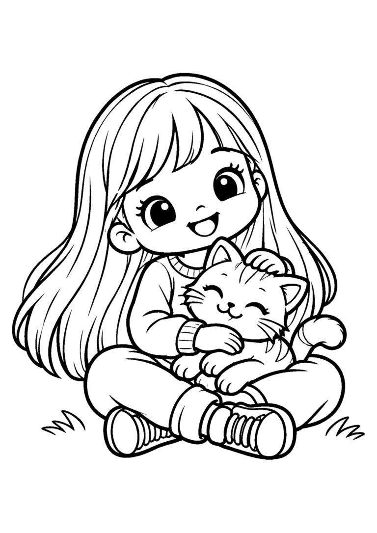 Menina sentada com um gatinho no colo