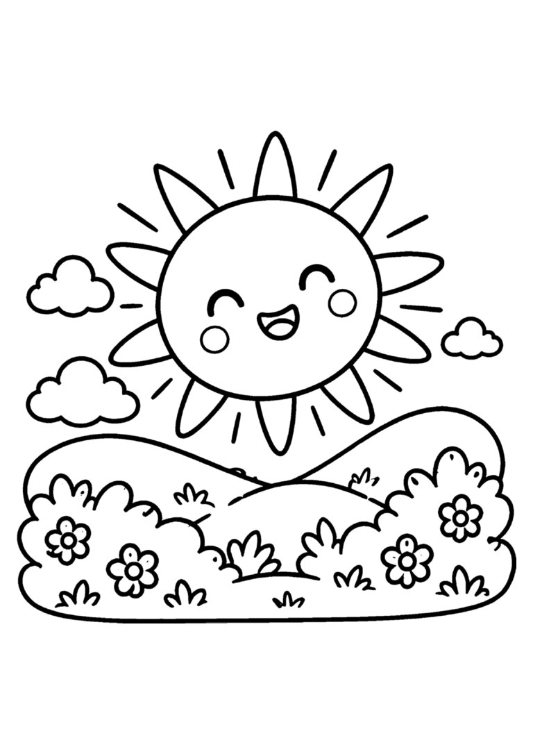 Sol sorridente sobre colinas com mato e flores