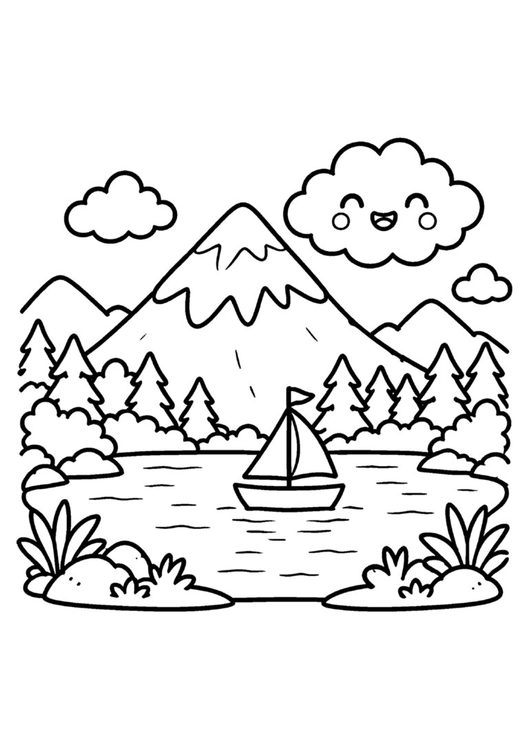 Montanha com neve, lago e barquinho a vela